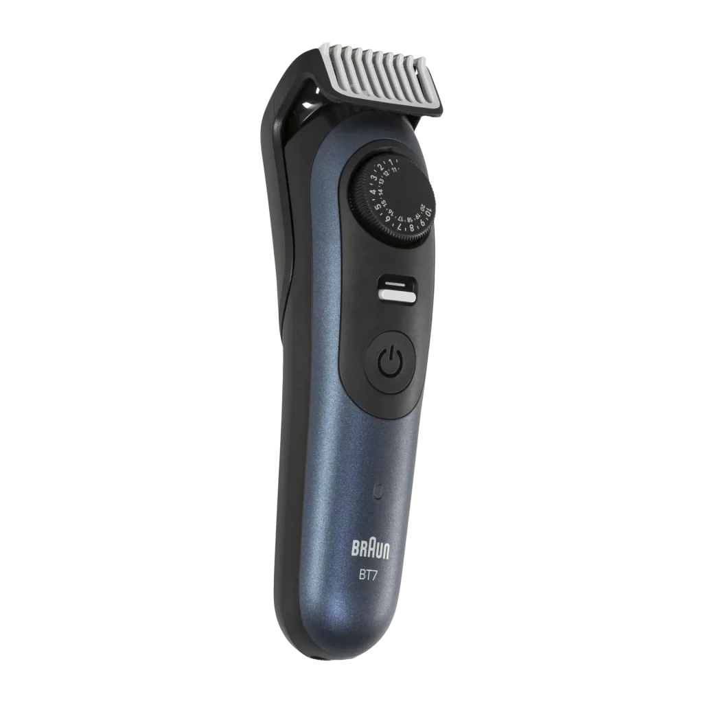 Aparador de barba Braun Series 7 BT7520 Seco e molhado 120min Azul/Preto, detalhe lateral: disco de comprimento, botão liga