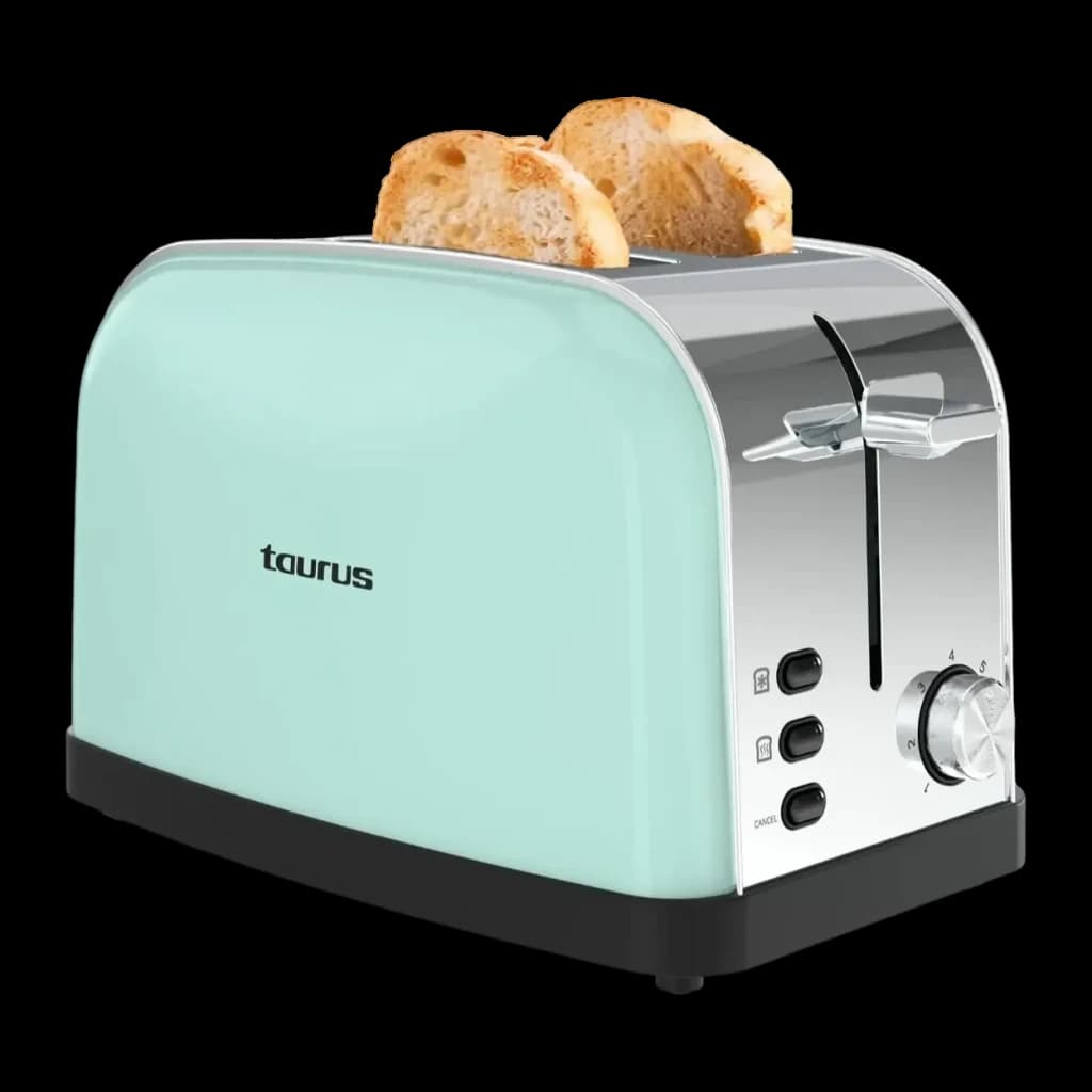 Torradeira Taurus Vintage II 950W 2 Fatias Verde Menta, vista frontal: lateral verde menta com logo, frente cromada