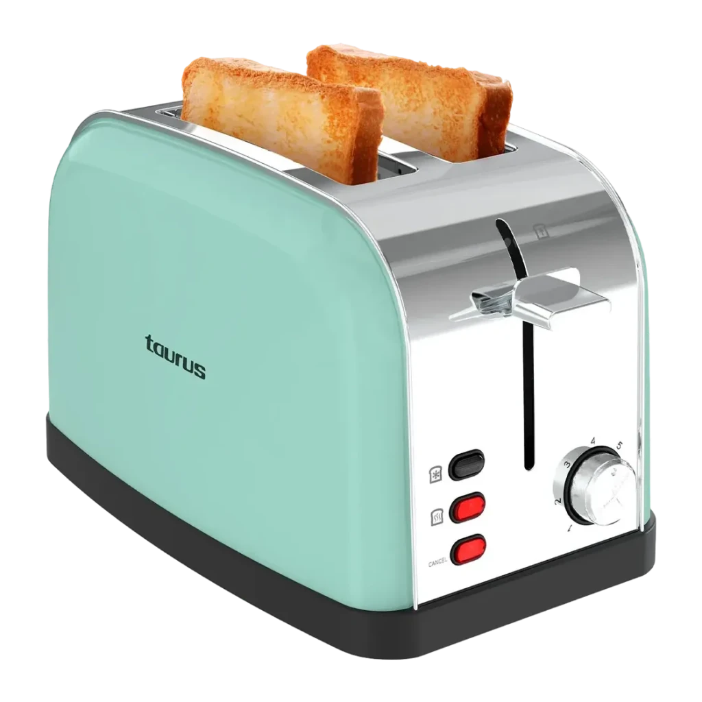 Grille-pain Taurus Vintage II 950W 2 Tranches Vert Menthe, détail: deux toasts dorés, boutons et molette de niveau