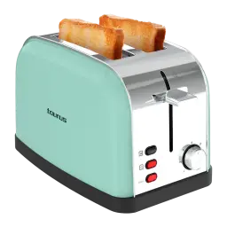 Grille-pain Taurus Vintage II 950W 2 Tranches Vert Menthe, détail: deux toasts dorés, boutons et molette de niveau