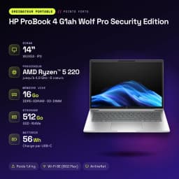 PC portable HP ProBook 4 G1ah Wolf Pro Security Edition 16Go/512Go 14 pouces IPS WUXGA AMD Ryzen 5 220 NVMe PCIe Argent - caractéristiques