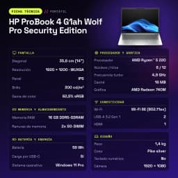 PC portable HP ProBook 4 G1ah Wolf Pro Security Edition 16Go/512Go 14 pouces IPS WUXGA AMD Ryzen 5 220 NVMe PCIe Argent - caractéristiques