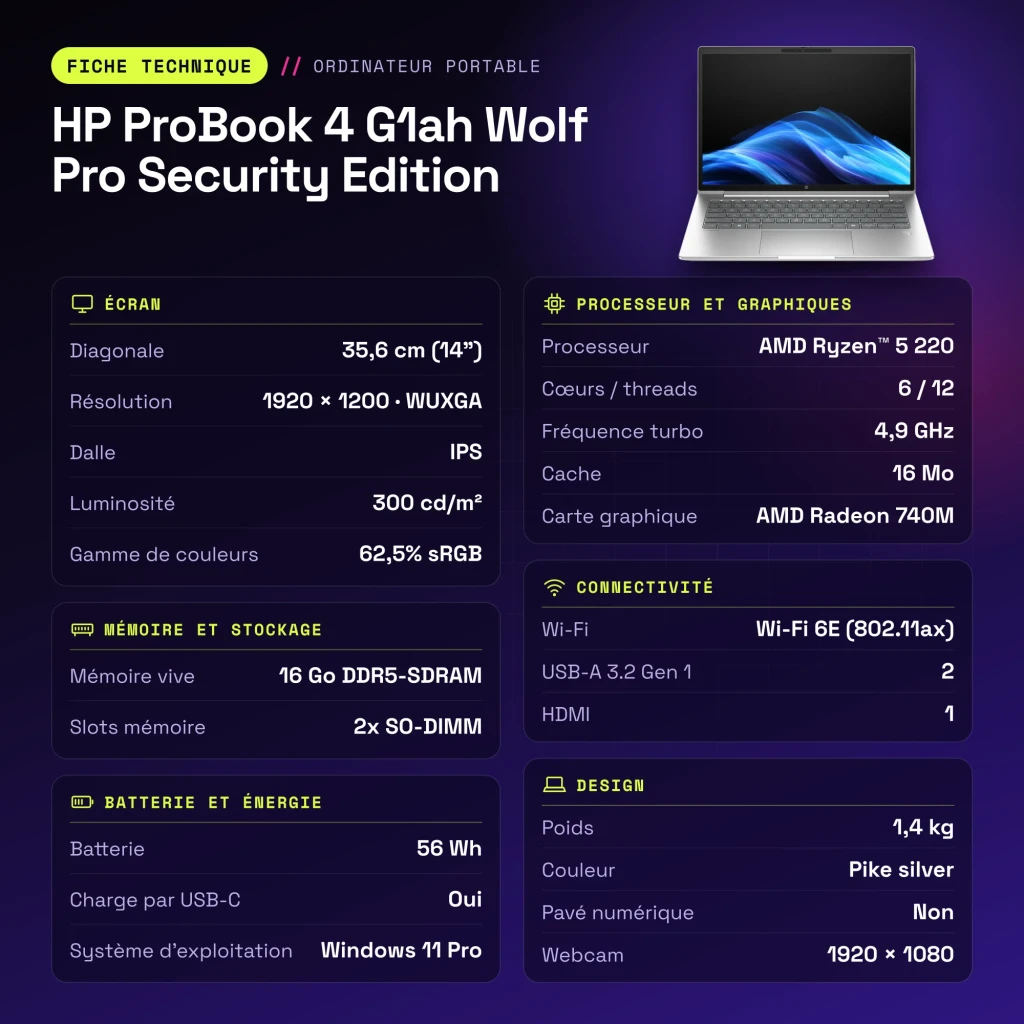 PC portable HP ProBook 4 G1ah Wolf Pro Security Edition 16Go/512Go 14 pouces IPS WUXGA AMD Ryzen 5 220 NVMe PCIe Argent - caractéristiques