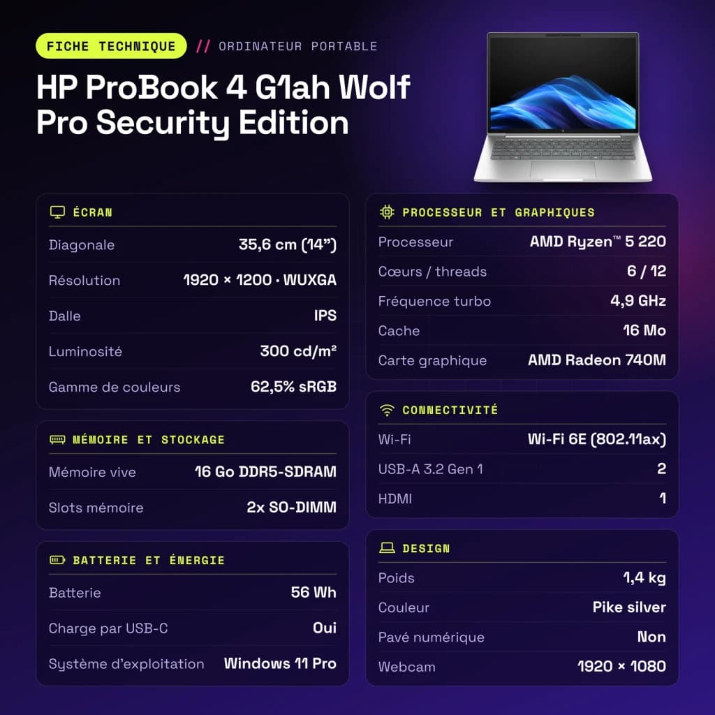 PC portable HP ProBook 4 G1ah Wolf Pro Security Edition 16Go/512Go 14 pouces IPS WUXGA AMD Ryzen 5 220 NVMe PCIe Argent - caractéristiques