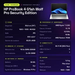 PC portable HP ProBook 4 G1ah Wolf Pro Security Edition 16Go/512Go 14 pouces IPS WUXGA AMD Ryzen 5 220 NVMe PCIe Argent - caractéristiques
