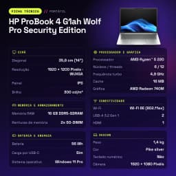PC portable HP ProBook 4 G1ah Wolf Pro Security Edition 16Go/512Go 14 pouces IPS WUXGA AMD Ryzen 5 220 NVMe PCIe Argent - caractéristiques