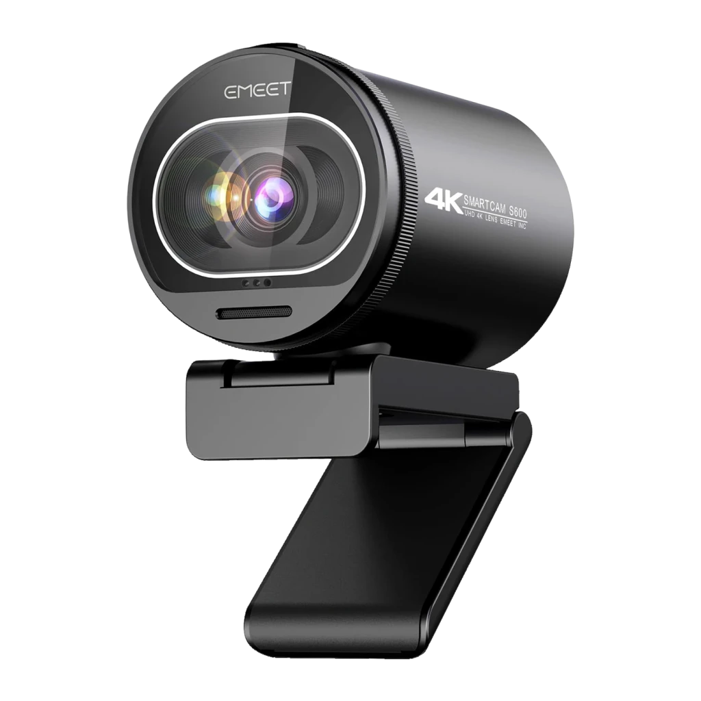 Webcam eMeet SmartCam S600 4K Noir, vue de face: objectif grand-angle avec anneau lumineux, corps cylindrique et clip