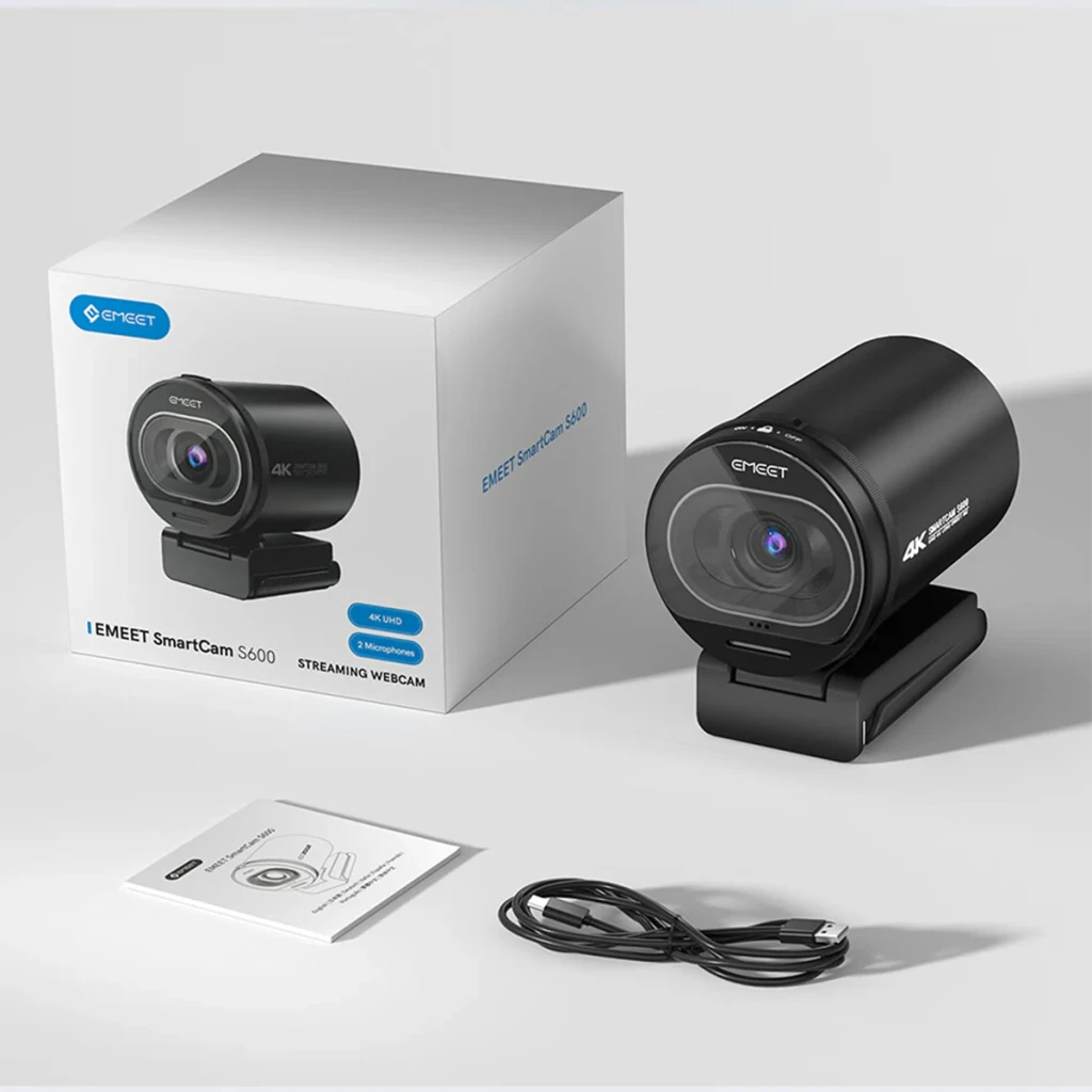 Webcam eMeet SmartCam S600 4K Noir, contenu de la boîte: webcam, boîte, câble USB et guide de démarrage rapide