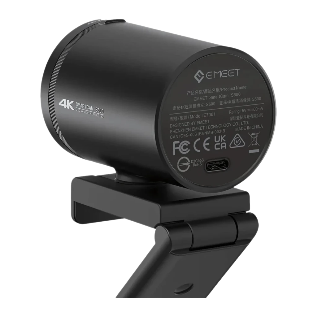 Webcam eMeet SmartCam S600 4K Noir, vue arrière: panneau avec étiquette, port USB-C et certifications FCC CE