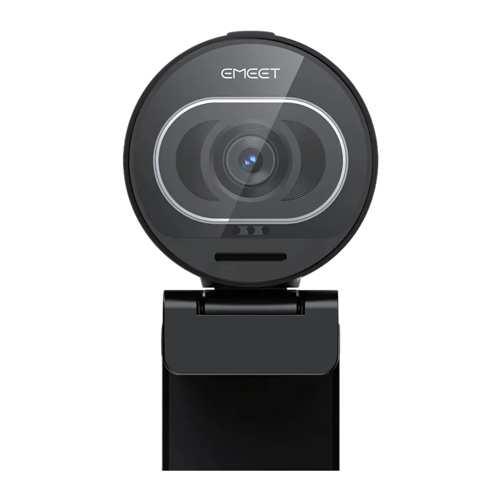 Webcam eMeet SmartCam S600 4K Noir, détail avant: objectif central avec cadre ovale argenté et clip de fixation