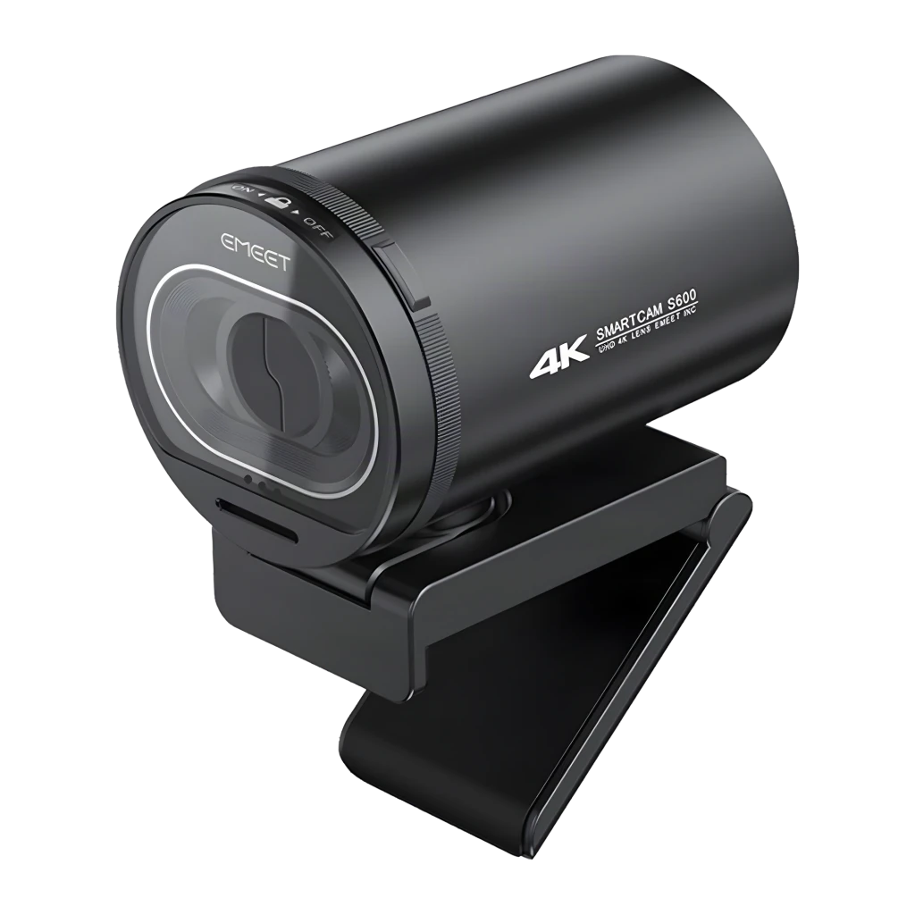 Webcam eMeet SmartCam S600 4K Noir, détail: objectif avant avec cache coulissant, logo eMeet et texte 4K sur corps
