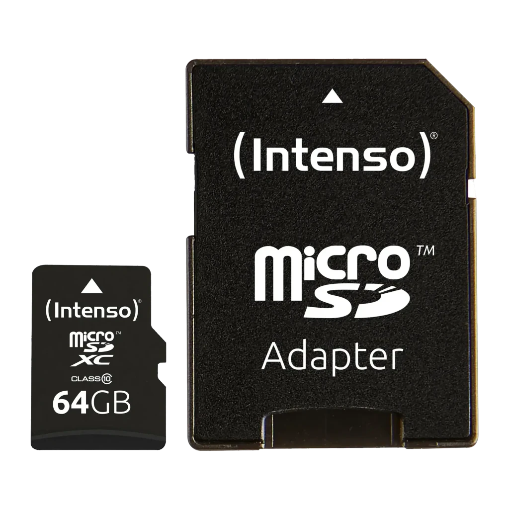 Tarjeta microSD Intenso MicroSDXC Clase 10 64GB 25MB/s Negro, vista frontal: tarjeta y adaptador SD negros con logo Intenso
