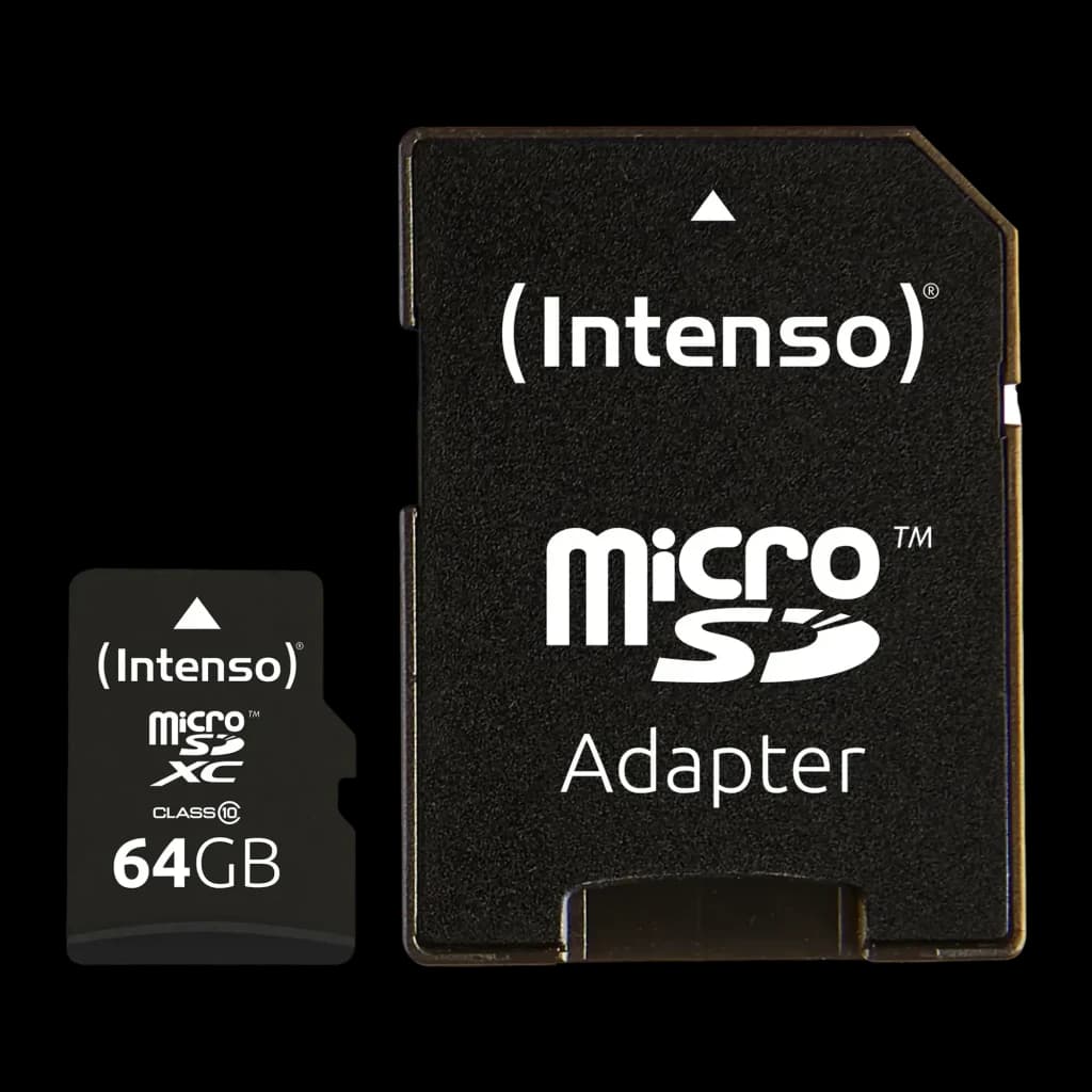 Carte microSD Intenso MicroSDXC Classe 10 64 Go 25 Mo/s Noir, vue de face: carte et adaptateur SD noirs avec logo Intenso