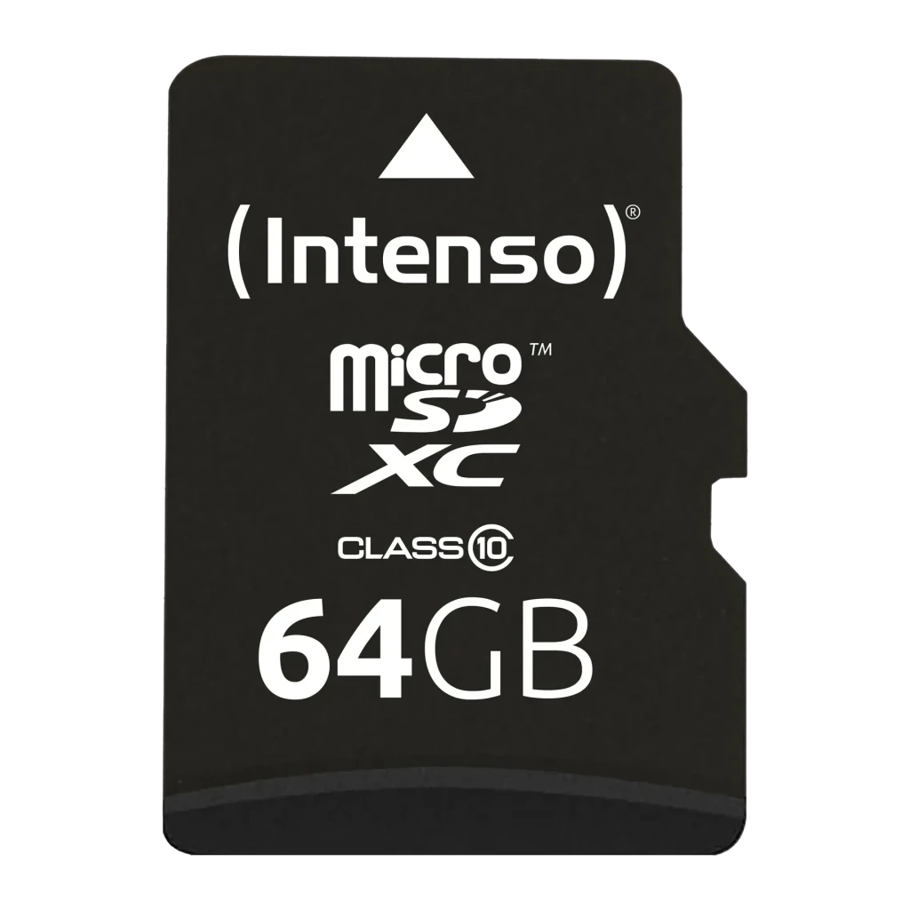 Tarjeta microSD Intenso MicroSDXC Clase 10 64GB 25MB/s Negro, detalle: cara frontal negra con logo Intenso, sello microSDXC