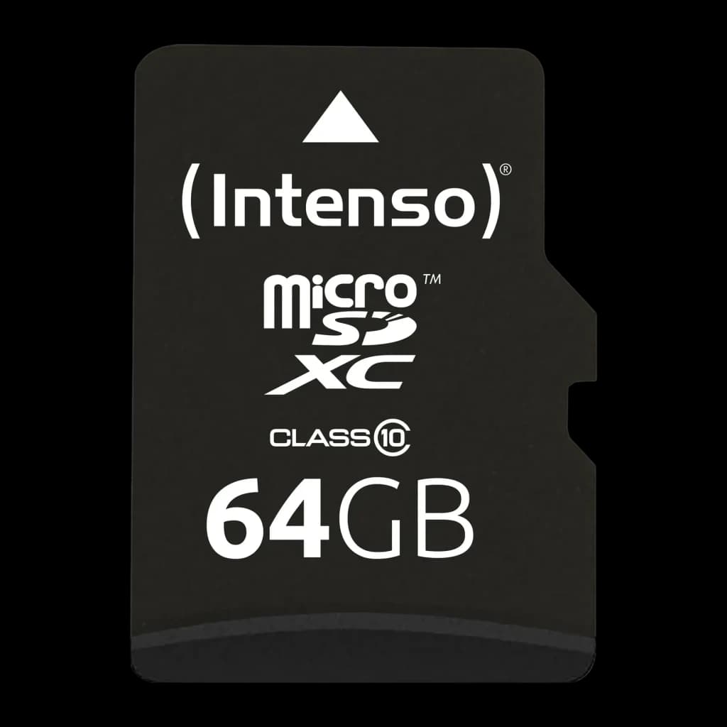Carte microSD Intenso MicroSDXC Classe 10 64 Go 25 Mo/s Noir, détail: face avant noire avec logo Intenso, logo microSDXC