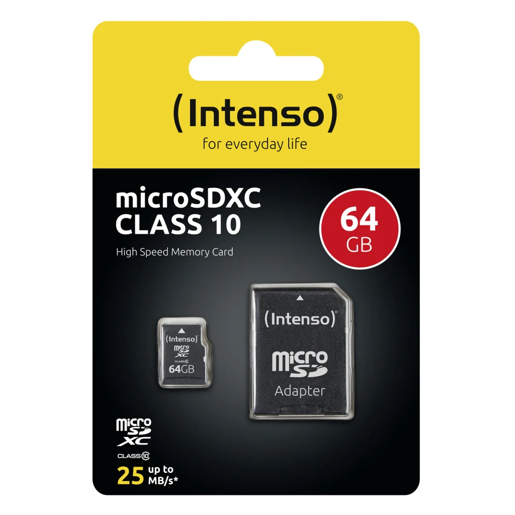 Tarjeta microSD Intenso MicroSDXC Clase 10 64GB 25MB/s Negro, contenido de la caja: blíster con tarjeta microSD y adaptador