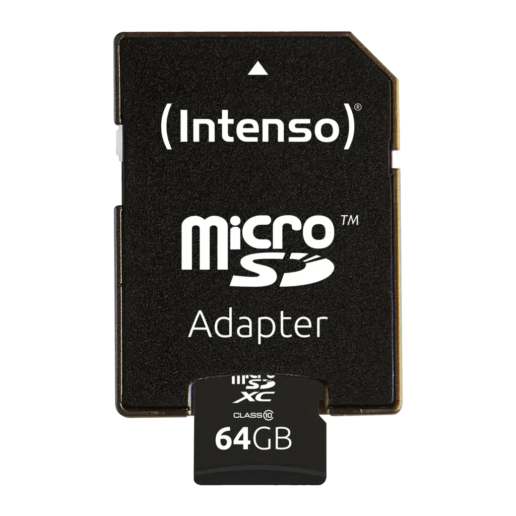 Tarjeta microSD Intenso MicroSDXC Clase 10 64GB 25MB/s Negro, detalle: adaptador SD negro con logo Intenso y tarjeta microSD