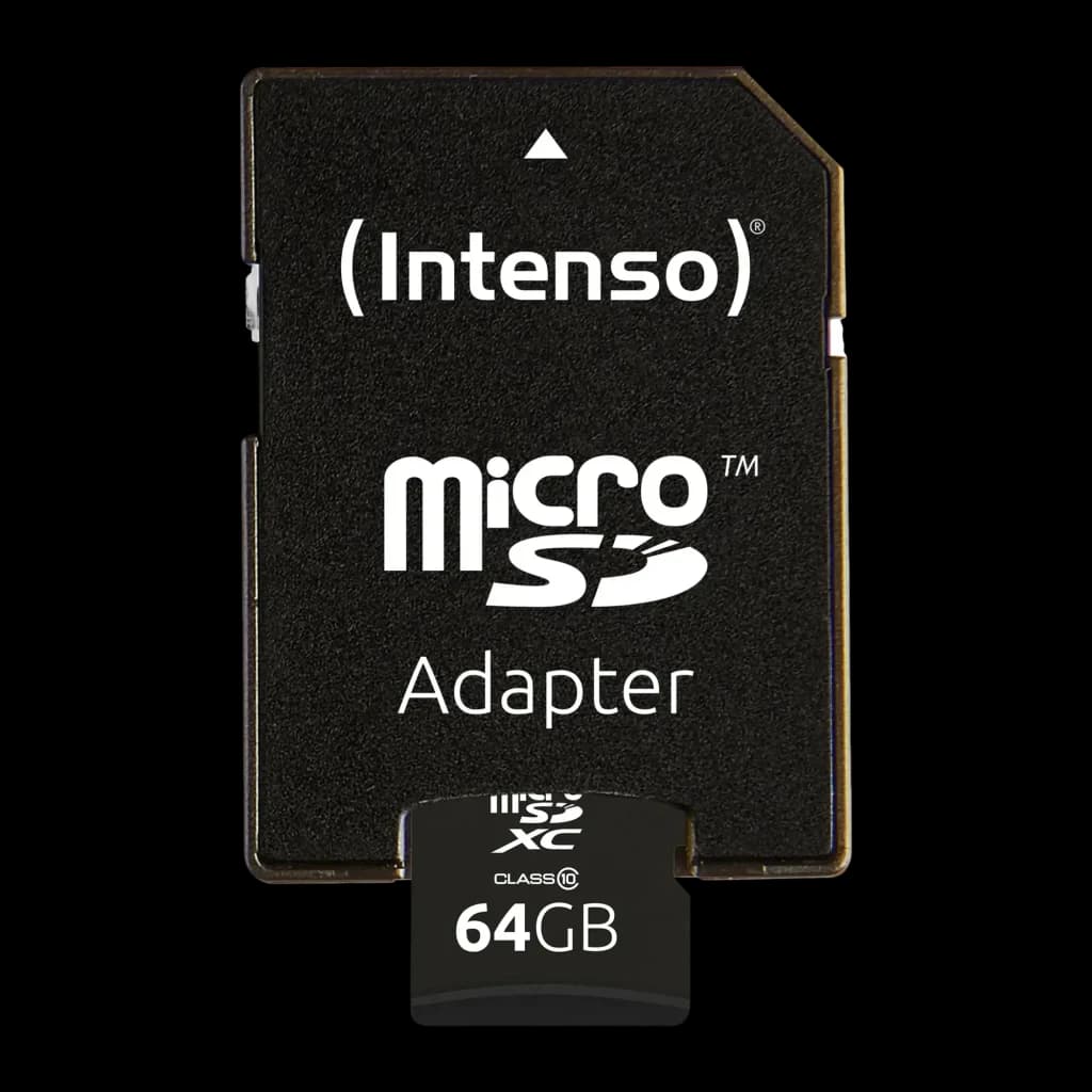 Carte microSD Intenso MicroSDXC Classe 10 64 Go 25 Mo/s Noir, détail: adaptateur SD noir avec logo Intenso et carte microSD