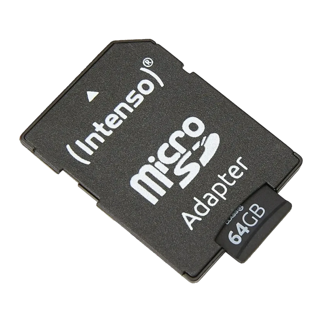 Tarjeta microSD Intenso MicroSDXC Clase 10 64GB 25MB/s Negro, detalle: adaptador SD con tarjeta insertada, logo y capacidad