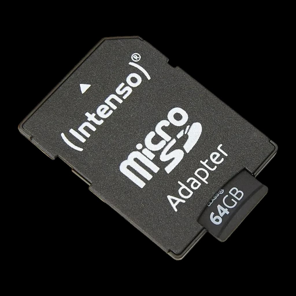 Carte microSD Intenso MicroSDXC Classe 10 64 Go 25 Mo/s Noir, détail: adaptateur SD avec carte insérée, logo et capacité