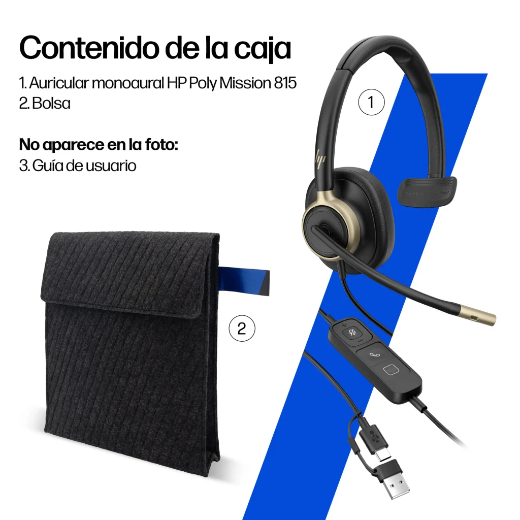 Auriculares HP Poly Mission 815 Cancelación de Ruido Activa Diadema Monoaural Negro, contenido de caja: auricular, bolsa