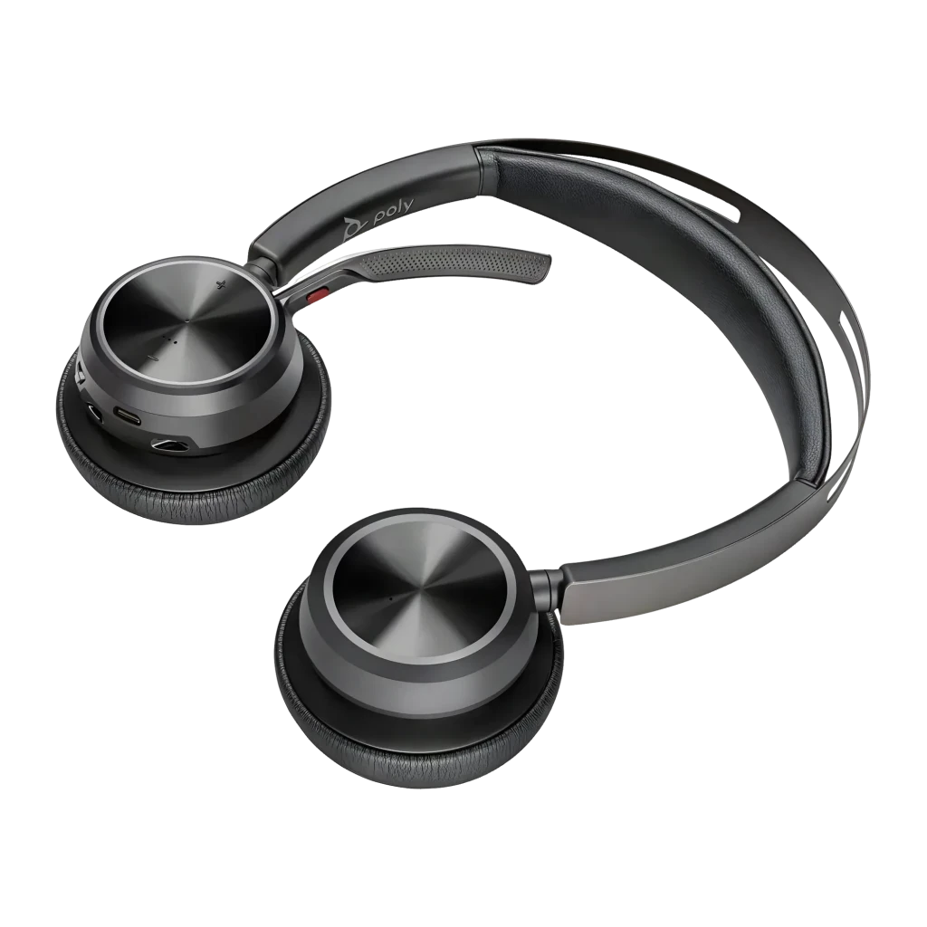 Auriculares Poly Voyager Focus 2 USB-C Cancelación de Ruido Diadema Bluetooth 5.1 Negro, detalle: diadema arqueada con logo