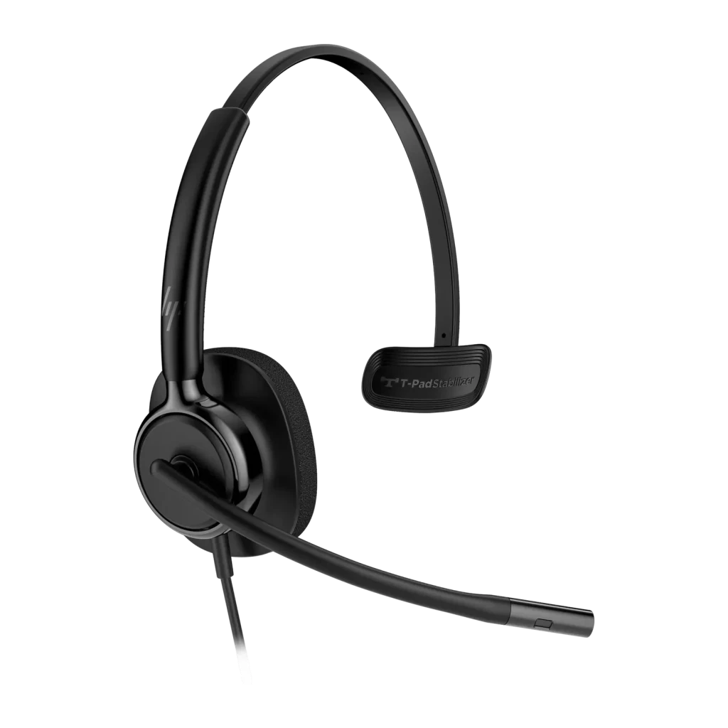 Casque HP Poly Mission 415 Réduction de bruit Monoaural Serre-tête USB-C Noir, vue de face: coque unique avec coussin