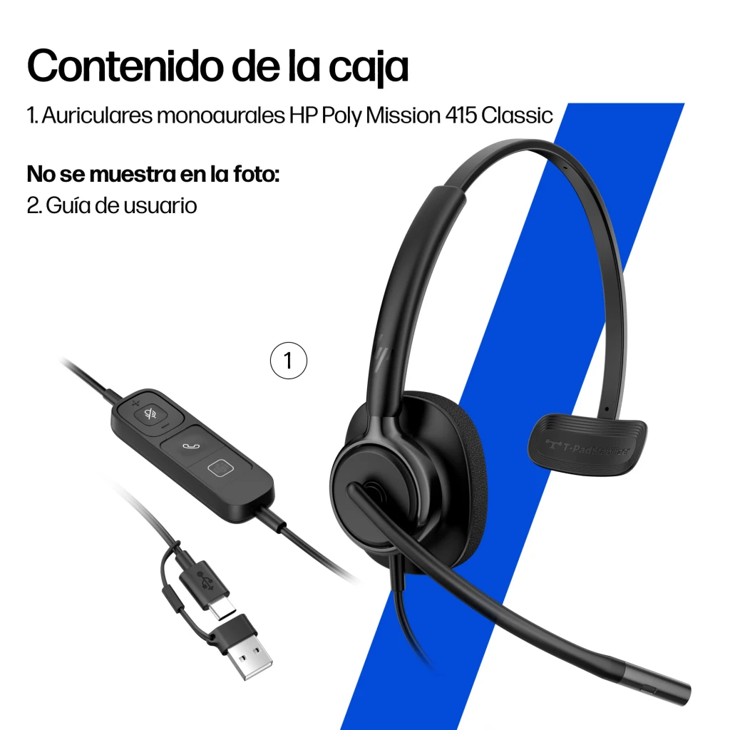 Casque HP Poly Mission 415 Réduction de bruit Monoaural Serre-tête USB-C Noir, contenu boîte: casque et télécommande filaire