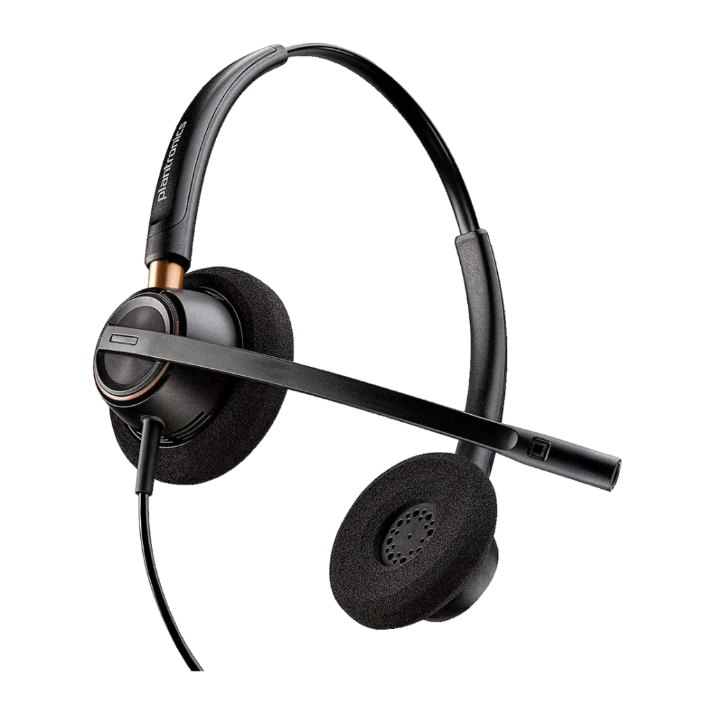 Auriculares Poly EncorePro 520D Redução de Ruído Banda Binaural USB-C com QD Preto, detalhe: vista lateral com anel dourado