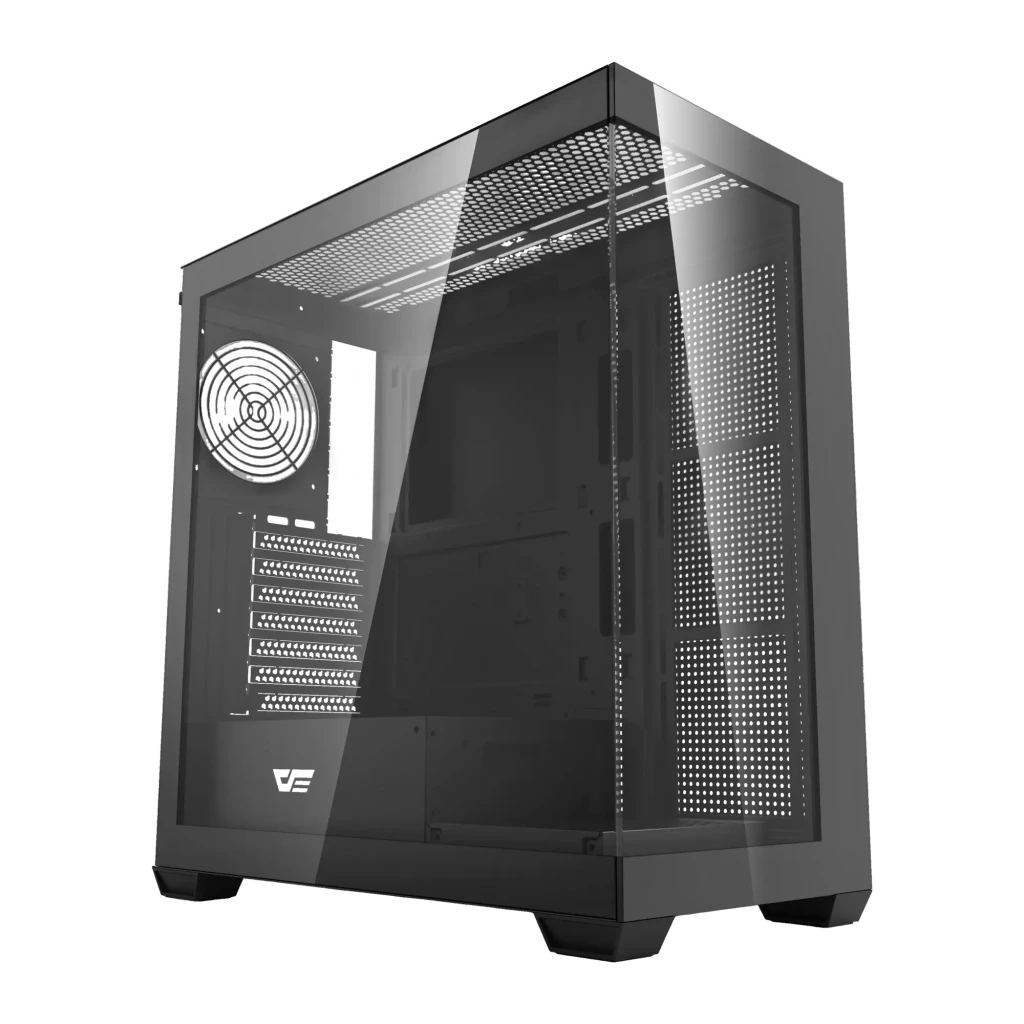 Caja PC Darkflash DS900 Vidrio Templado ATX Radiador sup. 360mm Negro, vista frontal: panel lateral de vidrio templado