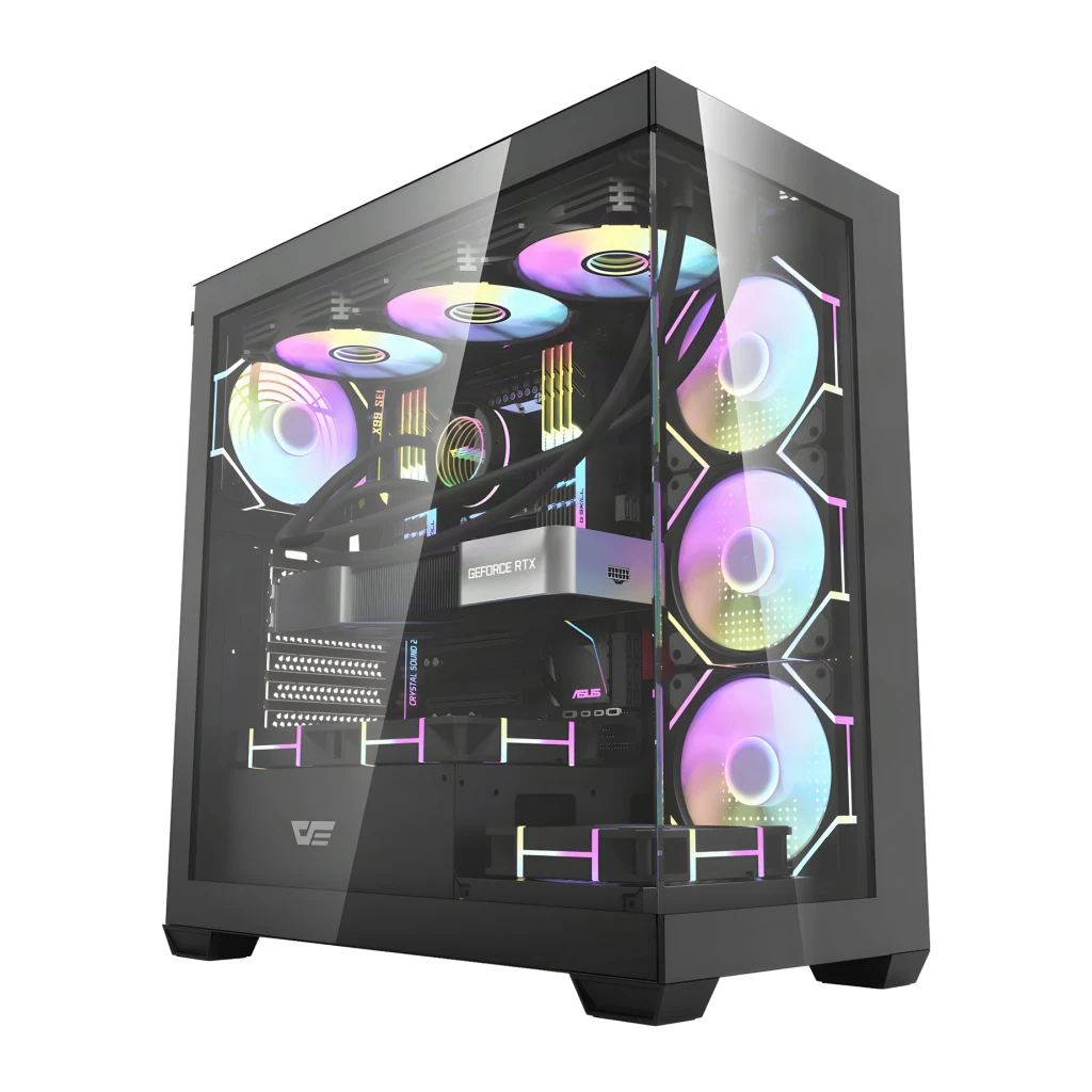 Caja PC Darkflash DS900 Vidrio Templado ATX Radiador sup. 360mm Negro, detalle: interior con ventiladores ARGB, GPU GeForce