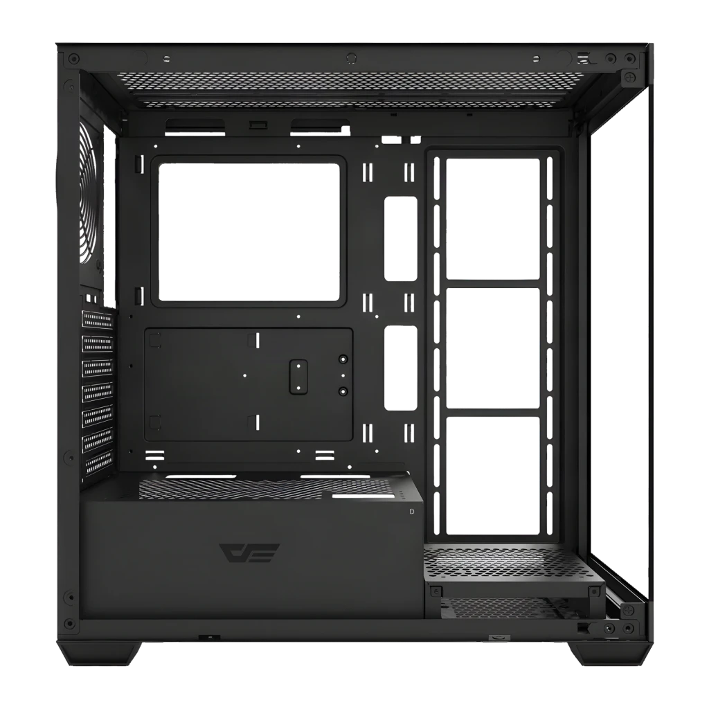 Caja PC Darkflash DS900 Vidrio Templado ATX Radiador sup. 360mm Negro, detalle: interior con bandeja GPU, compartimento PSU