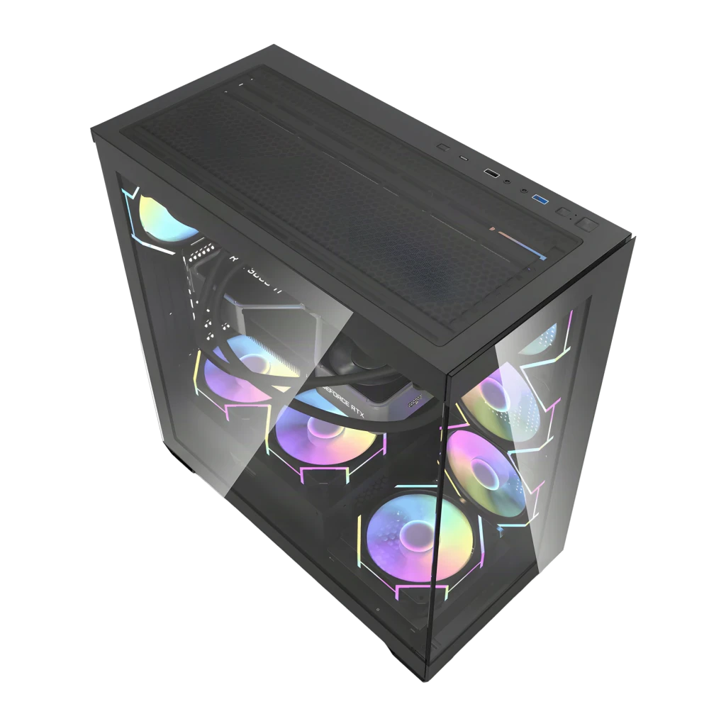 Caja PC Darkflash DS900 Vidrio Templado ATX Radiador sup. 360mm Negro, detalle: vista isométrica con ventiladores ARGB