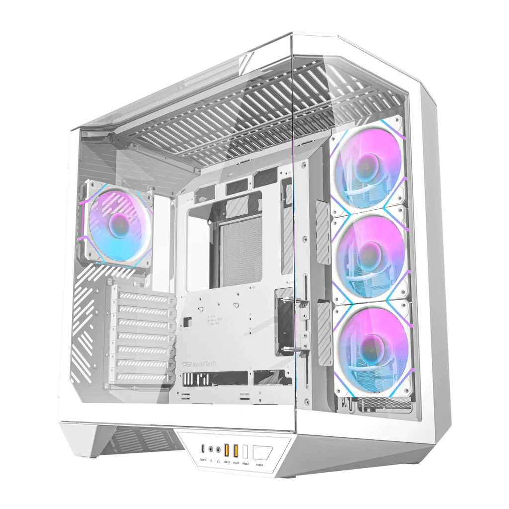 Caja PC Darkflash DY470 ATX 4x 120mm ARGB Blanco, vista frontal: interior con 4 ventiladores ARGB iluminados, panel lateral