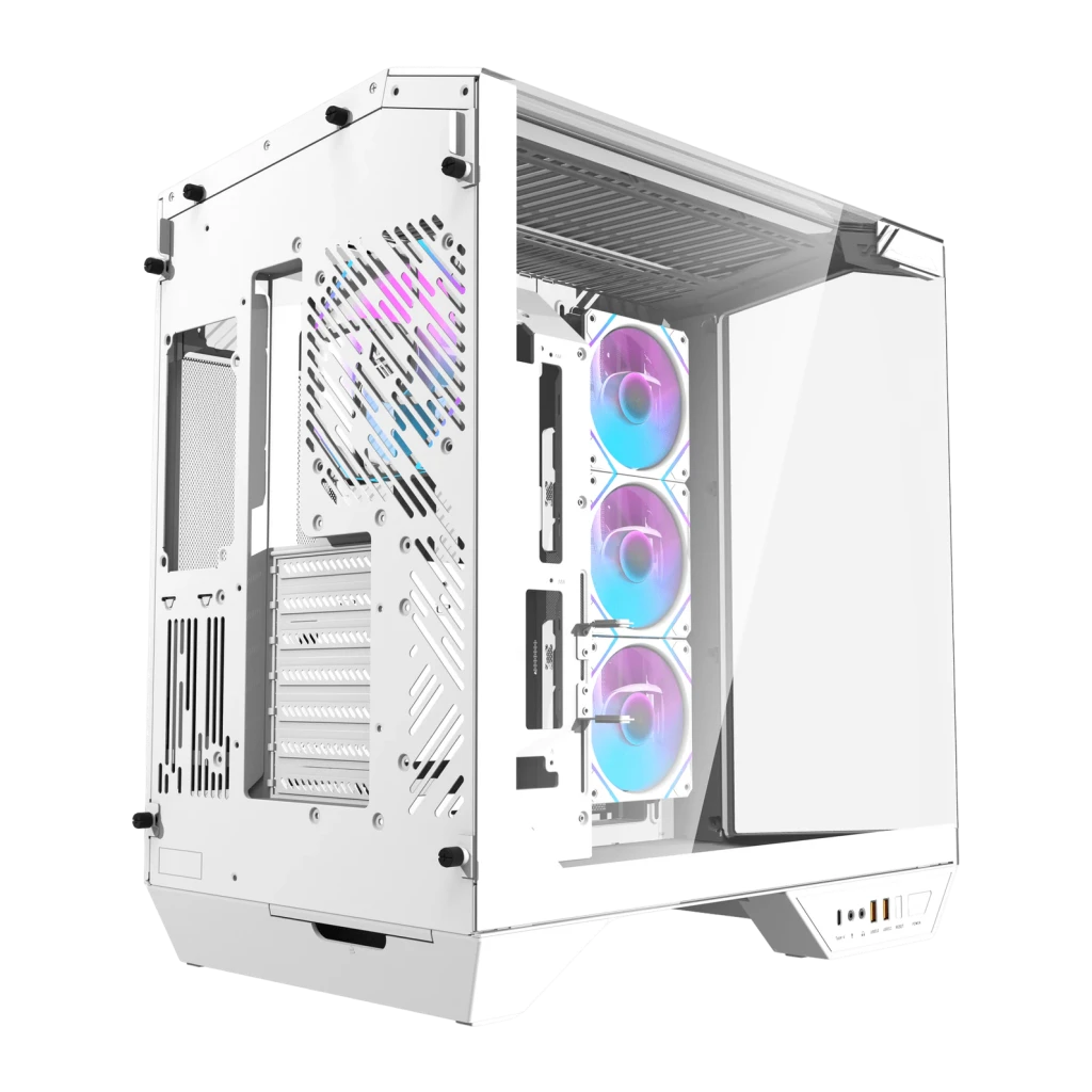 Caja PC Darkflash DY470 ATX 4x 120mm ARGB Blanco, detalle: panel lateral de vidrio y 3 ventiladores ARGB frontales iluminados