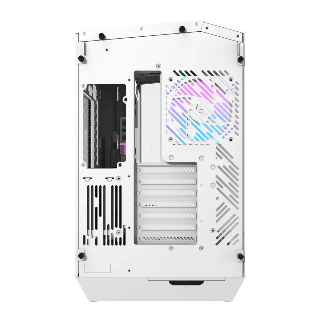 Caja PC Darkflash DY470 ATX 4x 120mm ARGB Blanco, vista trasera: ventilador ARGB iluminado, ranuras PCIe y panel lateral
