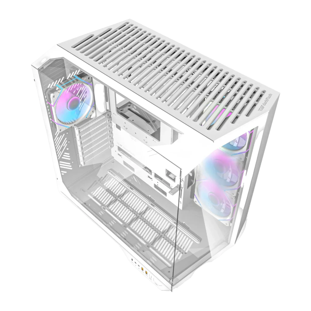 Caja PC Darkflash DY470 ATX 4x 120mm ARGB Blanco, detalle: vista isométrica interior con ventiladores ARGB iluminados