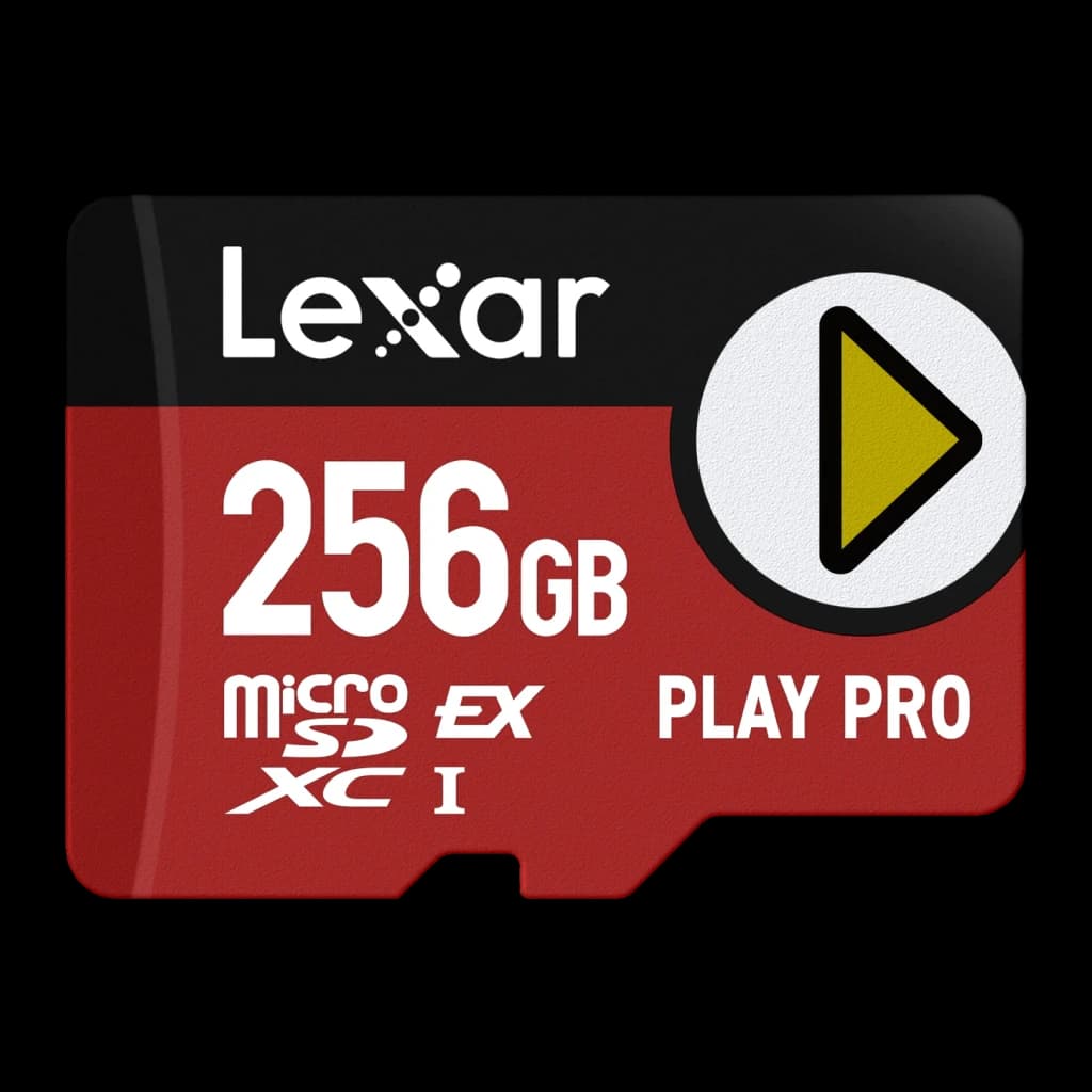 Tarjeta microSD Lexar PLAY Pro microSDXC Express 7.1 256GB V30 U3, vista frontal: cuerpo rojo y negro con logo PLAY dorado