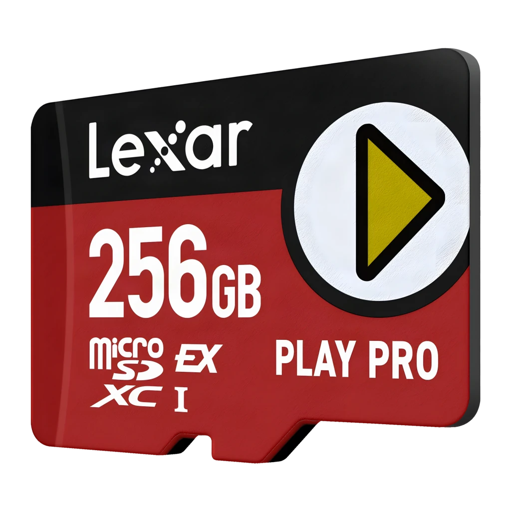 Tarjeta microSD Lexar PLAY Pro microSDXC Express 7.1 256GB V30 U3, detalle: cara frontal en ángulo con logo PLAY y capacidad
