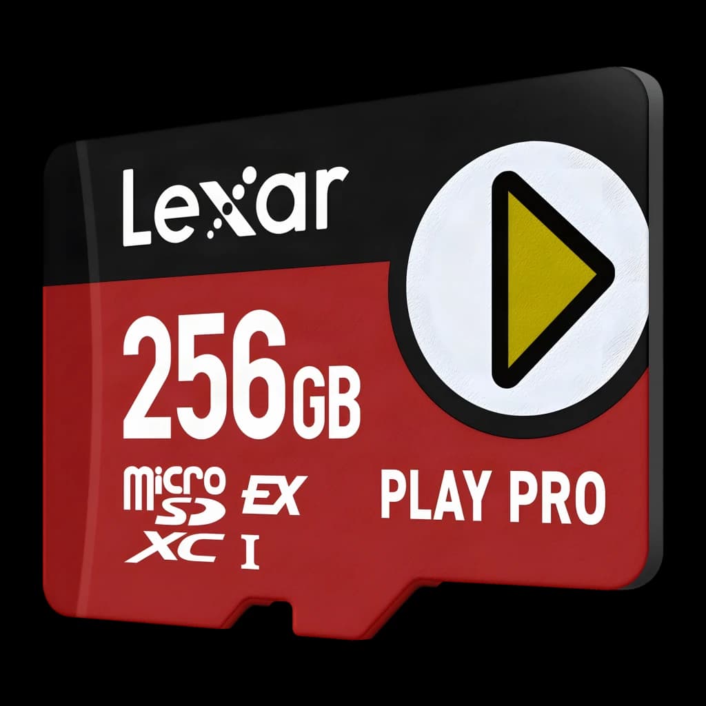 Tarjeta microSD Lexar PLAY Pro microSDXC Express 7.1 256GB V30 U3, detalle: cara frontal en ángulo con logo PLAY y capacidad