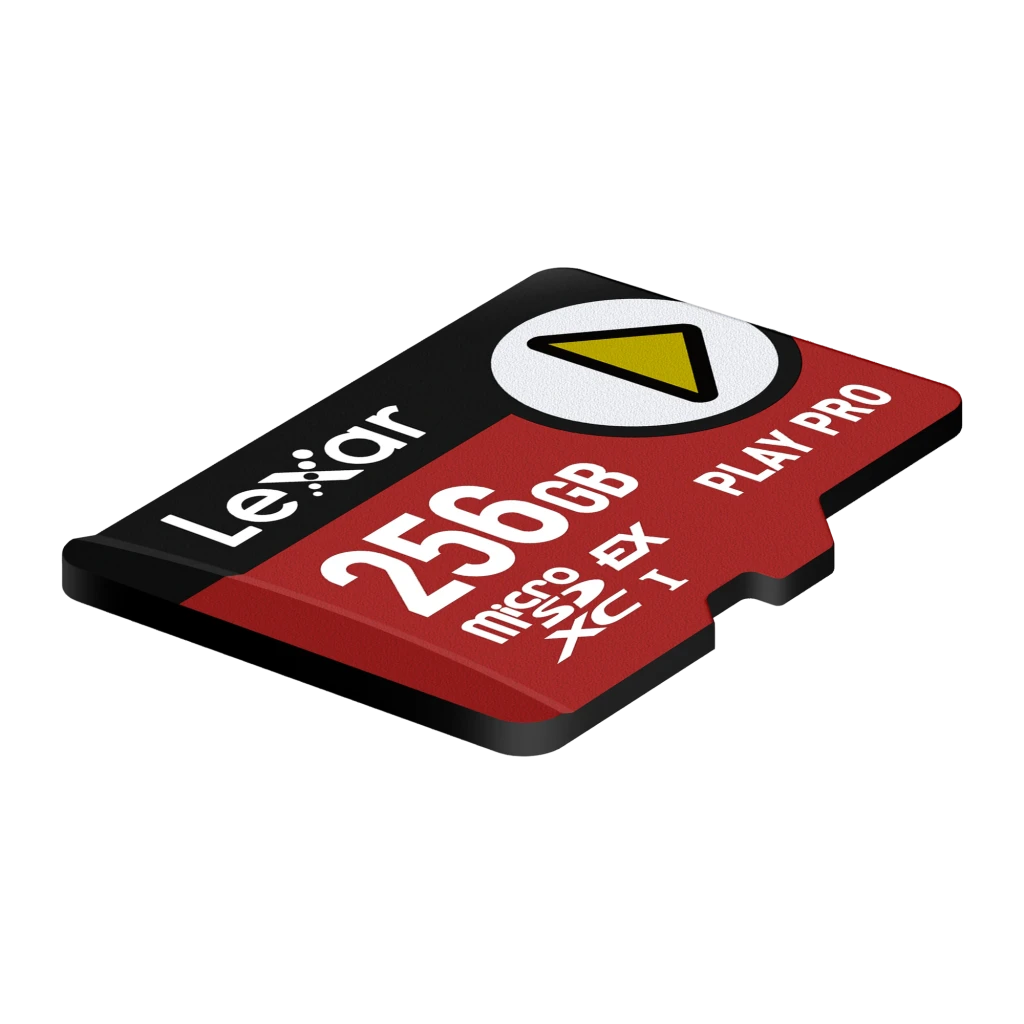 Tarjeta microSD Lexar PLAY Pro microSDXC Express 7.1 256GB V30 U3, detalle: vista en perspectiva con logo PLAY PRO e icono