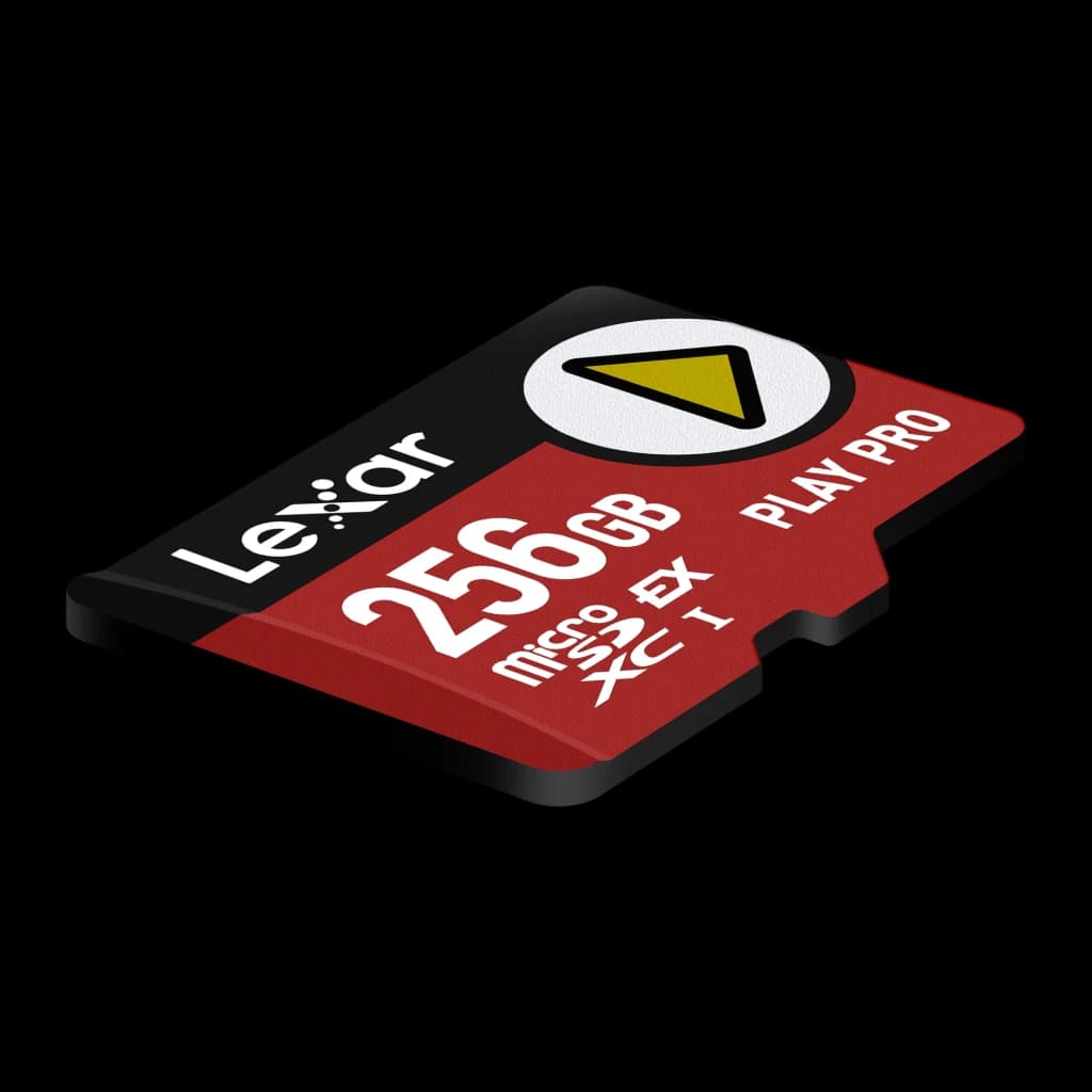 Tarjeta microSD Lexar PLAY Pro microSDXC Express 7.1 256GB V30 U3, detalle: vista en perspectiva con logo PLAY PRO e icono