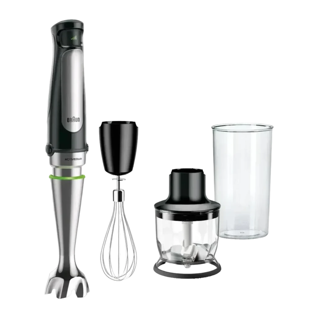 Batidora de mano Braun MultiQuick 7 0,6L 1000W Negro MQ7025X, vista frontal: cuerpo plateado con aro verde, varilla