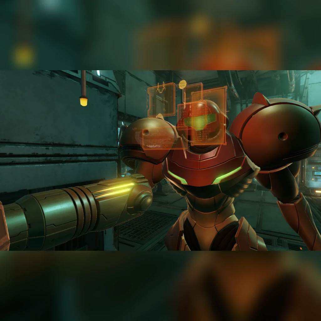Jeu vidéo Nintendo Metroid Prime Remastered pour Switch (édition standard), en jeu: Samus en armure rouge vise avec son