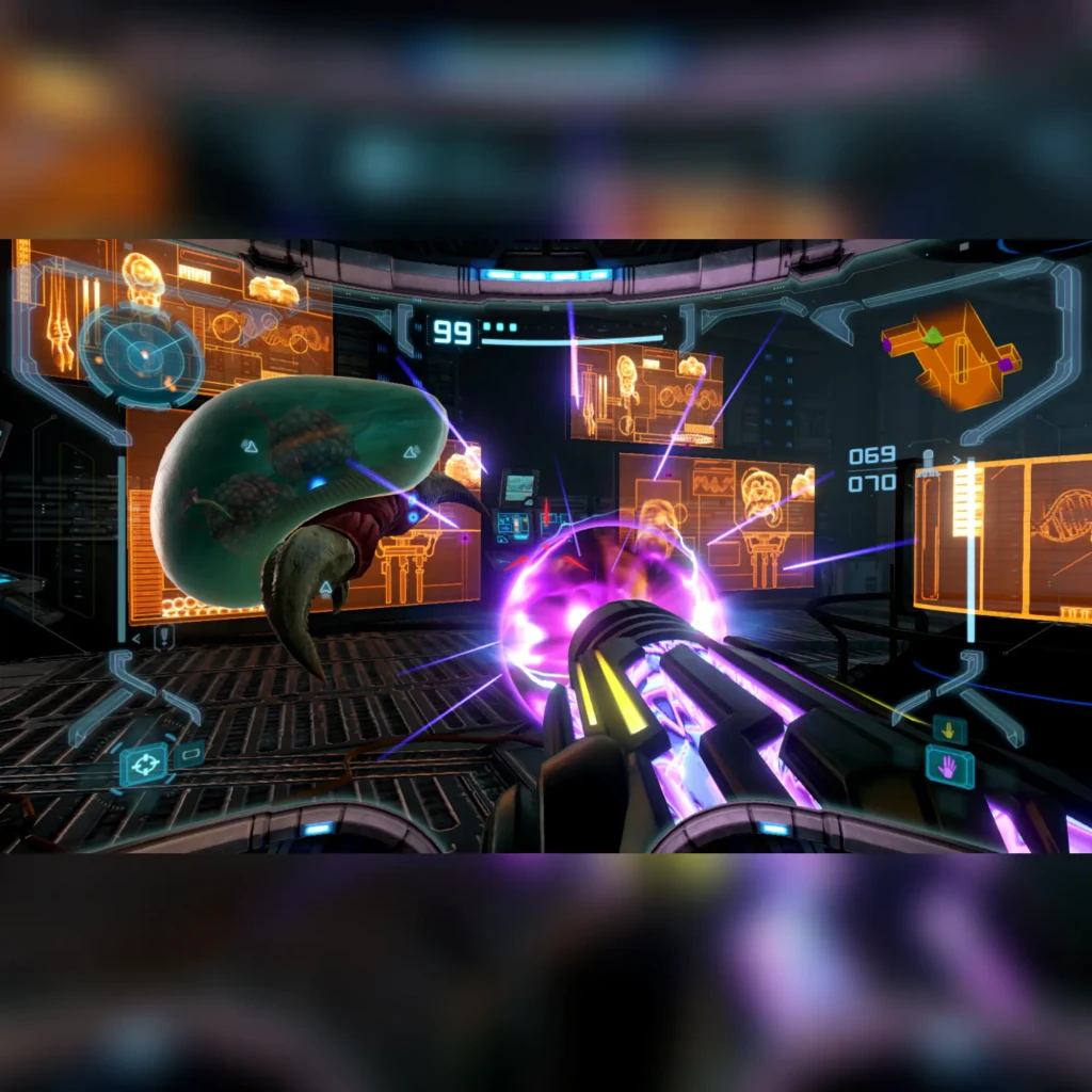 Jeu vidéo Nintendo Metroid Prime Remastered pour Switch (édition standard), en cours d'utilisation: vue première personne