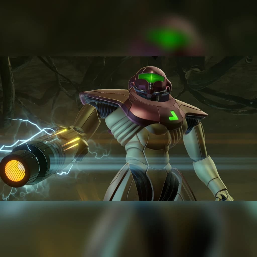 Jeu vidéo Nintendo Metroid Prime Remastered pour Switch (édition standard), en jeu: Samus en armure dorée avec canon