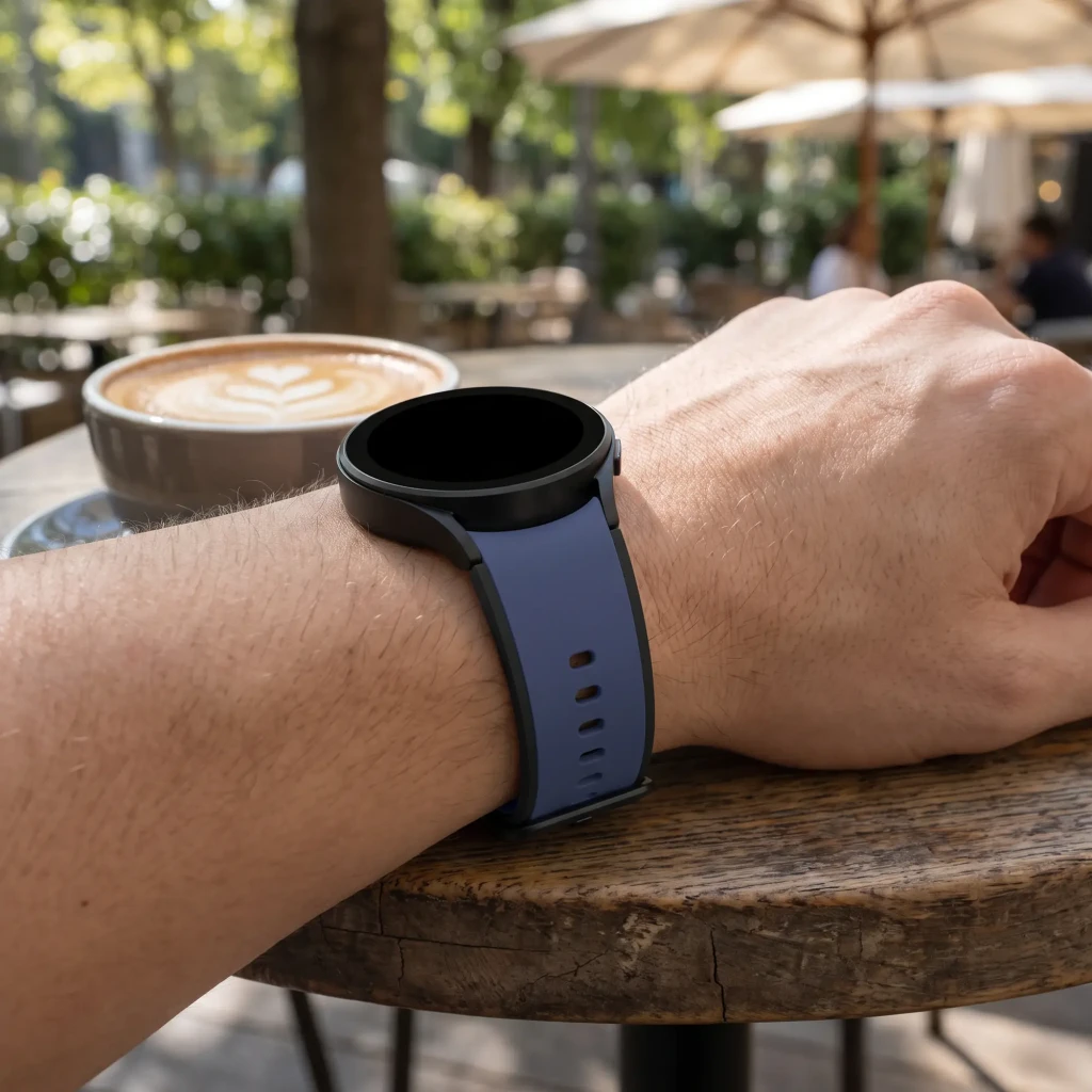 Correa smartwatch Samsung Two-tone Sport Band 20 mm S/M Azul Marino, en uso: muñeca apoyada en mesa de madera en terraza