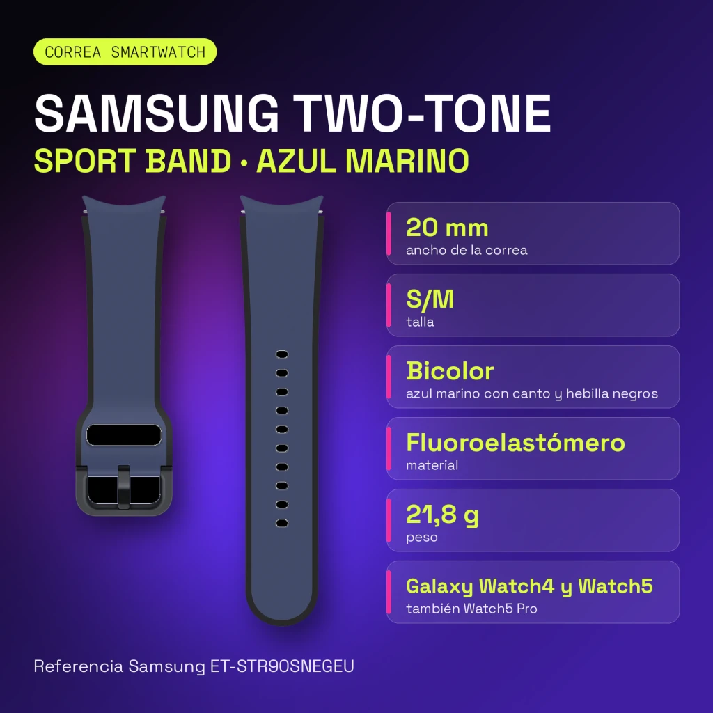 Correa smartwatch Samsung Two-tone Sport Band 20 mm S/M Azul Marino, infografía: dos vistas con especificaciones técnicas