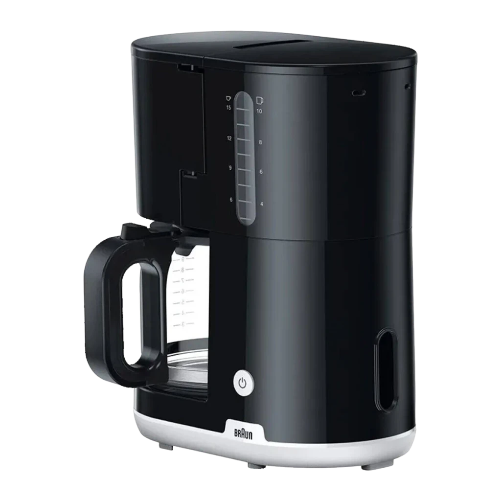 Cafeteira de filtro Braun KF1100 Jarro 10 Chávenas 1000W Preto, vista frontal: corpo preto com jarro de vidro, indicador