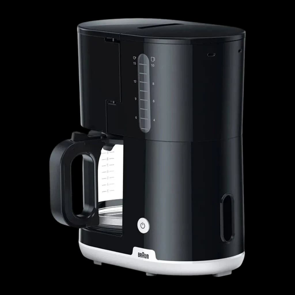 Cafeteira de filtro Braun KF1100 Jarro 10 Chávenas 1000W Preto, vista frontal: corpo preto com jarro de vidro, indicador